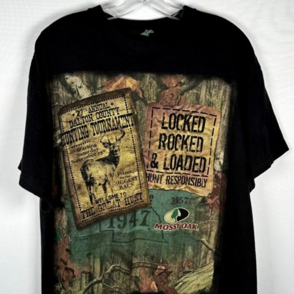 Vintage Mossy Oak Graphic Print Realtree Locked Loaded Black T-Shirt Size XL